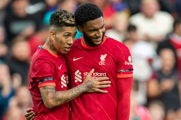 LIVERPOOL, ENGLAND - Monday, August 9, 2021: Liverpool's Roberto Firmino (L) celebrates after scoring the third goal, his second, with team-mate Joe Gomez during a pre-season friendly match between Liverpool FC and Club Atlético Osasuna at Anfield. (Pic by David Rawcliffe/Propaganda)