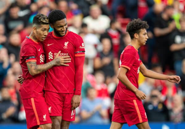 LIVERPOOL, ENGLAND - Monday, August 9, 2021: Liverpool's Roberto Firmino (L) celebrates after scoring the third goal, his second, with team-mate Joe Gomez during a pre-season friendly match between Liverpool FC and Club Atlético Osasuna at Anfield. (Pic by David Rawcliffe/Propaganda)