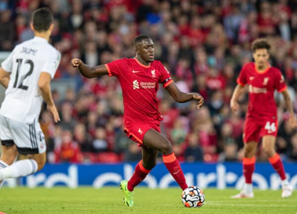 LIVERPOOL, ENGLAND - Monday, August 9, 2021: Liverpool's Ibrahima Konaté during a pre-season friendly match between Liverpool FC and Club Atlético Osasuna at Anfield. (Pic by David Rawcliffe/Propaganda)