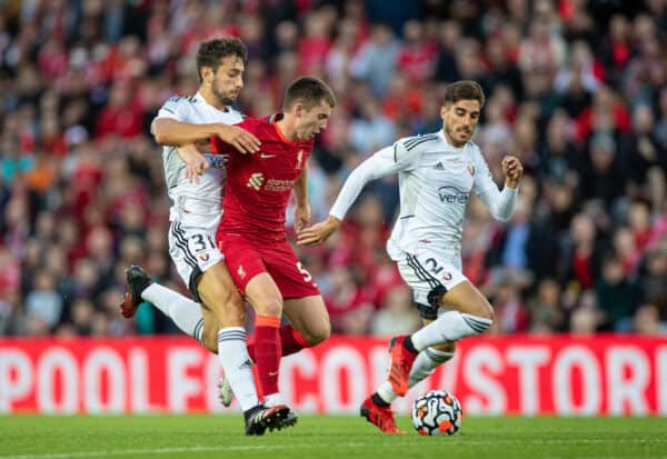 LIVERPOOL, ENGLAND - Monday, August 9, 2021: Liverpool's Ben Woodburn is fouled during a pre-season friendly match between Liverpool FC and Club Atlético Osasuna at Anfield. (Pic by David Rawcliffe/Propaganda)