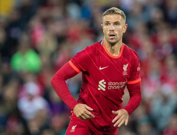 LIVERPOOL, ENGLAND - Monday, August 9, 2021: Liverpool's captain Jordan Henderson during a pre-season friendly match between Liverpool FC and Club Atlético Osasuna at Anfield. (Pic by David Rawcliffe/Propaganda)