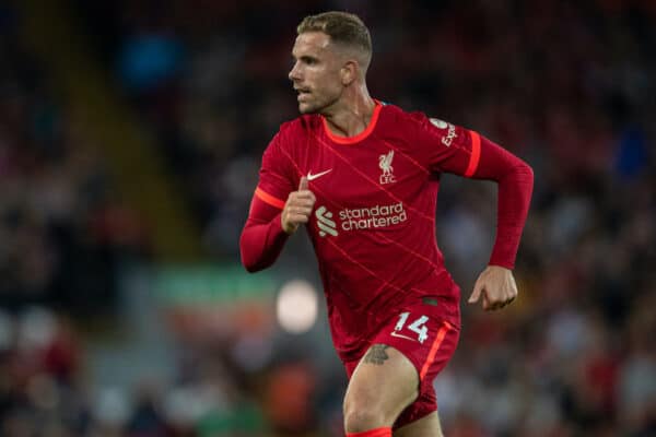 LIVERPOOL, ENGLAND - Monday, August 9, 2021: Liverpool's captain Jordan Henderson during a pre-season friendly match between Liverpool FC and Club Atlético Osasuna at Anfield. (Pic by David Rawcliffe/Propaganda)