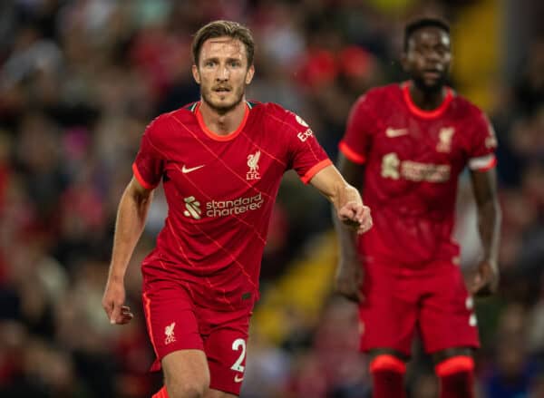 LIVERPOOL, ENGLAND - Monday, August 9, 2021: Liverpool's Ben Davies during a pre-season friendly match between Liverpool FC and Club Atlético Osasuna at Anfield. (Pic by David Rawcliffe/Propaganda)