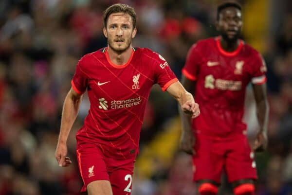 LIVERPOOL, ENGLAND - Monday, August 9, 2021: Ben Davies of Liverpool during a pre-season friendly match between Liverpool FC and Club Atlético Osasuna at Anfield.  (Photo by David Rawcliffe/Propaganda)