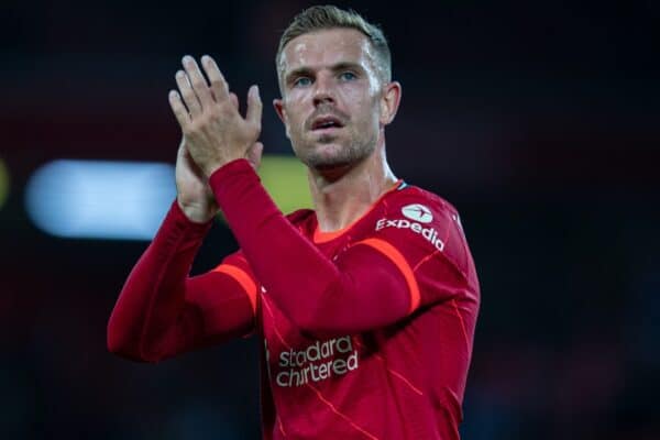 LIVERPOOL, ENGLAND - Monday, August 9, 2021: Liverpool's captain Jordan Henderson applauds the supporters after a pre-season friendly match between Liverpool FC and Club Atlético Osasuna at Anfield. Liverpool won 3-1. (Pic by David Rawcliffe/Propaganda)