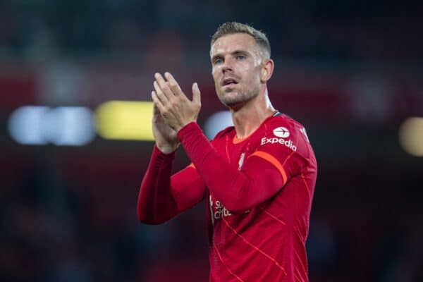 LIVERPOOL, ENGLAND - Monday, August 9, 2021: Liverpool's captain Jordan Henderson applauds the supporters after a pre-season friendly match between Liverpool FC and Club Atlético Osasuna at Anfield. Liverpool won 3-1. (Pic by David Rawcliffe/Propaganda)