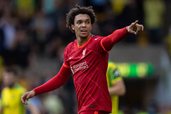 NORWICH, ENGLAND - Saturday, August 14, 2021: Liverpool's Trent Alexander-Arnold during the FA Premier League match between Norwich City FC and Liverpool FC at Carrow Road. (Pic by David Rawcliffe/Propaganda)