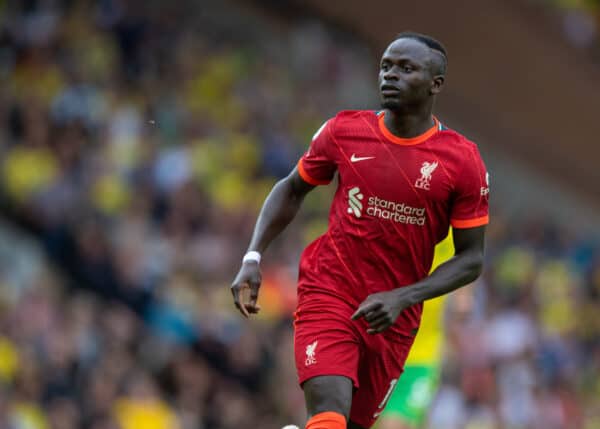 NORWICH, ENGLAND - Saturday, August 14, 2021: Liverpool's Sadio Mané during the FA Premier League match between Norwich City FC and Liverpool FC at Carrow Road. (Pic by David Rawcliffe/Propaganda)