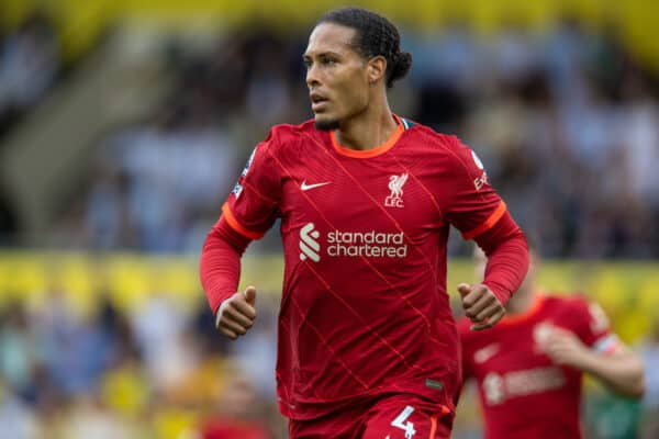 NORWICH, ENGLAND - Saturday, August 14, 2021: Liverpool's Virgil van Dijk during the FA Premier League match between Norwich City FC and Liverpool FC at Carrow Road. (Pic by David Rawcliffe/Propaganda)