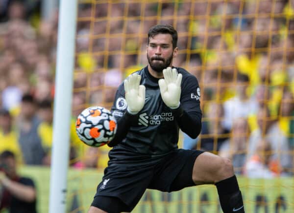 NORWICH, ENGLAND - Saturday, August 14, 2021: Liverpool's goalkeeper Alisson Becker makes a save during the FA Premier League match between Norwich City FC and Liverpool FC at Carrow Road. (Pic by David Rawcliffe/Propaganda)