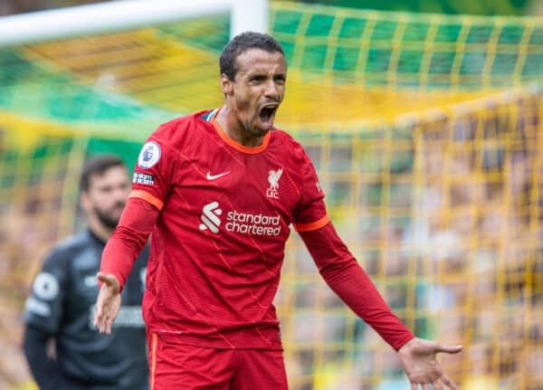 NORWICH, ENGLAND - Saturday, August 14, 2021: Liverpool's Joel Matip during the FA Premier League match between Norwich City FC and Liverpool FC at Carrow Road. (Pic by David Rawcliffe/Propaganda)