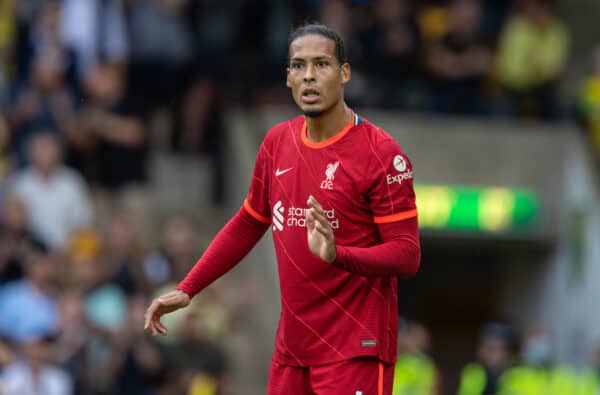 NORWICH, ENGLAND - Saturday, August 14, 2021: Liverpool's Virgil van Dijk during the FA Premier League match between Norwich City FC and Liverpool FC at Carrow Road. (Pic by David Rawcliffe/Propaganda)