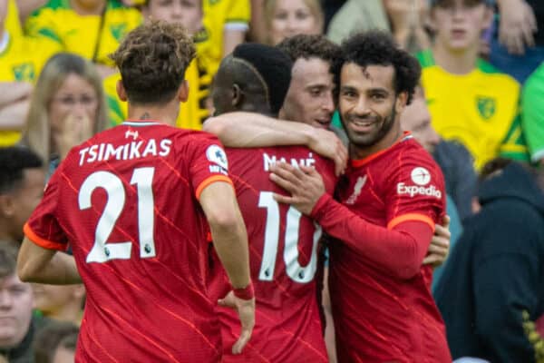 NORWICH, ENGLAND - Saturday, August 14, 2021: Liverpool's Diogo Jota (C) celebrates after scoring the first goal during the FA Premier League match between Norwich City FC and Liverpool FC at Carrow Road. (Pic by David Rawcliffe/Propaganda)