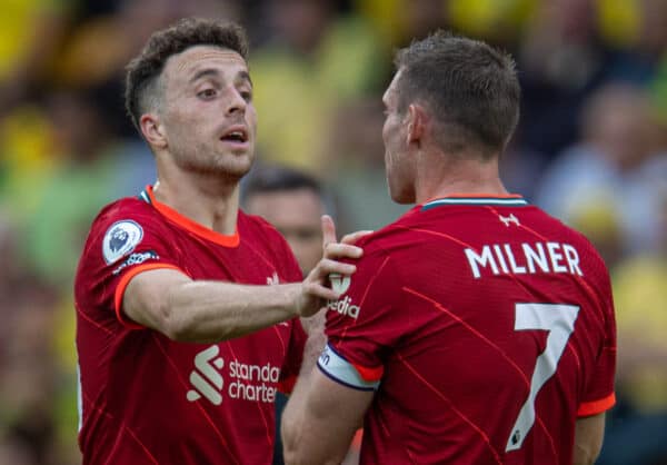 NORWICH, ENGLAND - Saturday, August 14, 2021: Liverpool's Diogo Jota (L) celebrates after scoring the first goal during the FA Premier League match between Norwich City FC and Liverpool FC at Carrow Road. (Pic by David Rawcliffe/Propaganda)