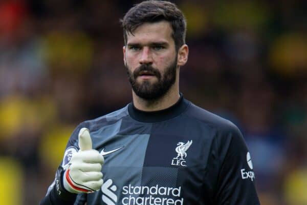 NORWICH, ENGLAND - Saturday, August 14, 2021: Liverpool's goalkeeper Alisson Becker during the FA Premier League match between Norwich City FC and Liverpool FC at Carrow Road. (Pic by David Rawcliffe/Propaganda)