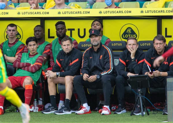 NORWICH, ENGLAND - Saturday, August 14, 2021: Liverpool's manager Jürgen Klopp during the FA Premier League match between Norwich City FC and Liverpool FC at Carrow Road. (Pic by David Rawcliffe/Propaganda)