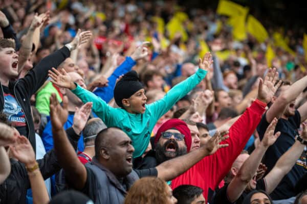 NORWICH, ENGLAND - Saturday, August 14, 2021: Liverpool supporters during the FA Premier League match between Norwich City FC and Liverpool FC at Carrow Road. (Pic by David Rawcliffe/Propaganda)