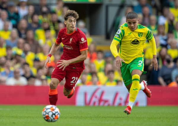 NORWICH, ENGLAND - Saturday, August 14, 2021: Liverpool's Kostas Tsimikas (L) and Norwich City's Max Aarons during the FA Premier League match between Norwich City FC and Liverpool FC at Carrow Road. (Pic by David Rawcliffe/Propaganda)