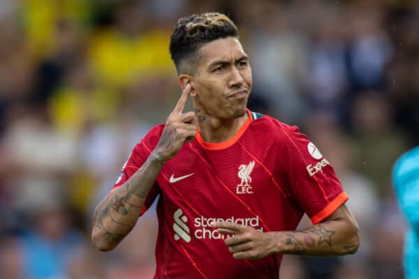 NORWICH, ENGLAND - Saturday, August 14, 2021: Liverpool's Roberto Firmino celebrates after scoring the second goal during the FA Premier League match between Norwich City FC and Liverpool FC at Carrow Road. (Pic by David Rawcliffe/Propaganda)