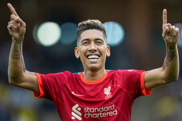 NORWICH, ENGLAND - Saturday, August 14, 2021: Liverpool's Firmino during the FA Premier League match between Norwich City FC and Liverpool FC at Carrow Road. (Pic by David Rawcliffe/Propaganda)