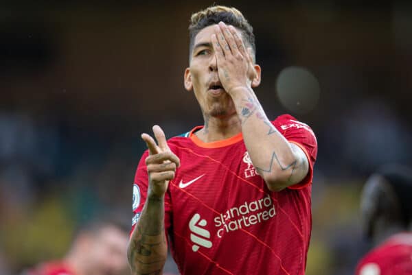 NORWICH, ENGLAND - Saturday, August 14, 2021: Liverpool's Roberto Firmino celebrates after scoring the second goal during the FA Premier League match between Norwich City FC and Liverpool FC at Carrow Road. (Pic by David Rawcliffe/Propaganda)