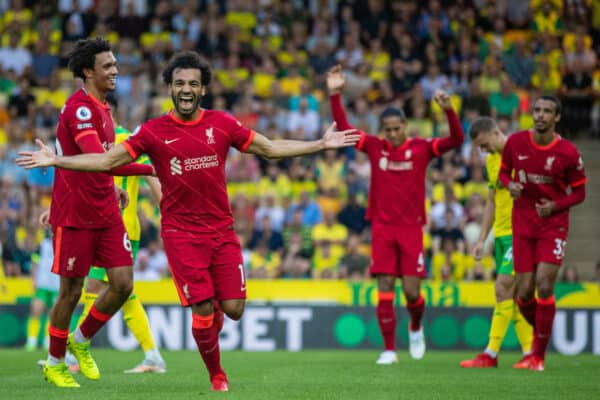 NORWICH, ENGLAND - Saturday, August 14, 2021: Liverpool's Mohamed Salah celebrates after scoring the third goal during the FA Premier League match between Norwich City FC and Liverpool FC at Carrow Road. (Pic by David Rawcliffe/Propaganda)