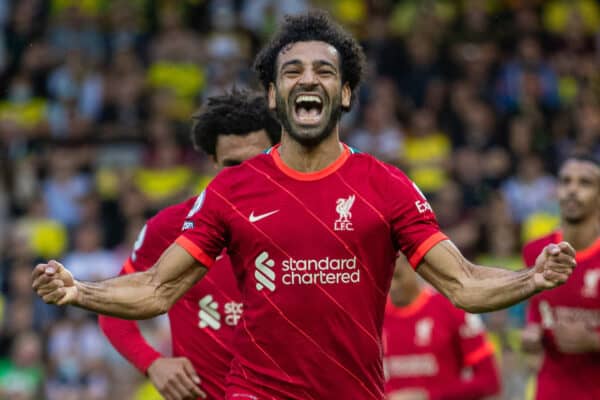 NORWICH, ENGLAND - Saturday, August 14, 2021: Liverpool's Mohamed Salah celebrates after scoring the third goal during the FA Premier League match between Norwich City FC and Liverpool FC at Carrow Road. (Pic by David Rawcliffe/Propaganda)