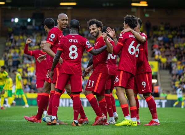 NORWICH, ENGLAND - Saturday, August 14, 2021: Liverpool's Mohamed Salah (C) celebrates after scoring the third goal during the FA Premier League match between Norwich City FC and Liverpool FC at Carrow Road. (Pic by David Rawcliffe/Propaganda)