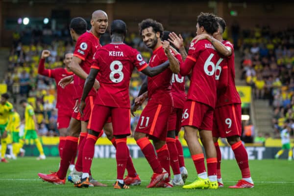 NORWICH, ENGLAND - Saturday, August 14, 2021: Liverpool's Mohamed Salah (C) celebrates after scoring the third goal during the FA Premier League match between Norwich City FC and Liverpool FC at Carrow Road. (Pic by David Rawcliffe/Propaganda)