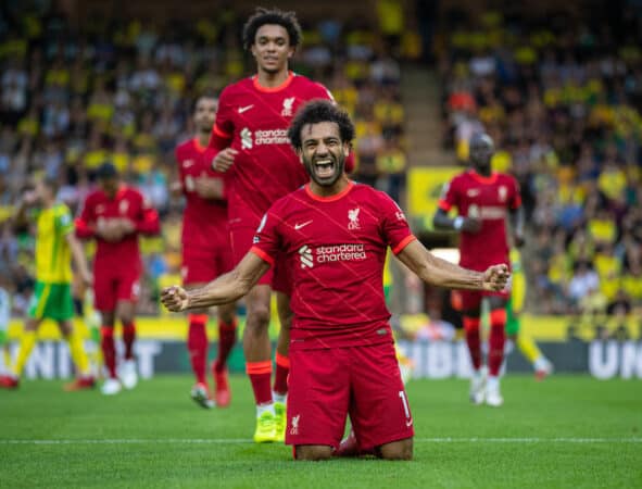 NORWICH, ENGLAND - Saturday, August 14, 2021: Liverpool's Mohamed Salah celebrates after scoring the third goal during the FA Premier League match between Norwich City FC and Liverpool FC at Carrow Road. (Pic by David Rawcliffe/Propaganda)