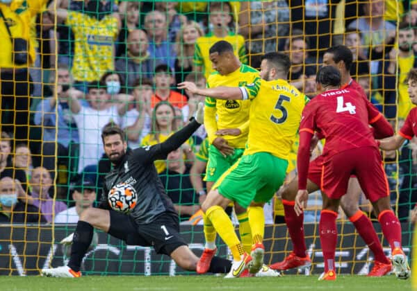 NORWICH, ENGLAND - Saturday, August 14, 2021: Liverpool's goalkeeper Alisson Becker makes a save during the FA Premier League match between Norwich City FC and Liverpool FC at Carrow Road. (Pic by David Rawcliffe/Propaganda)