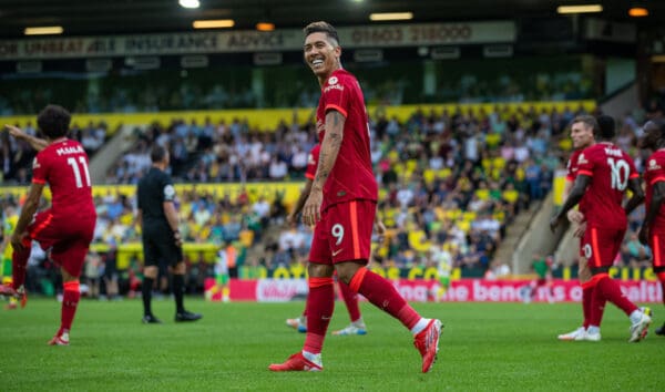 NORWICH, ENGLAND - Saturday, August 14, 2021: Liverpool's Roberto Firmino celebrates after scoring the second goal during the FA Premier League match between Norwich City FC and Liverpool FC at Carrow Road. (Pic by David Rawcliffe/Propaganda)