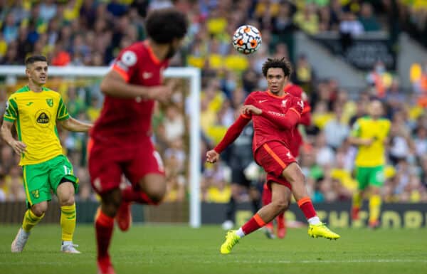 NORWICH, ENGLAND - Saturday, August 14, 2021: Liverpool's Trent Alexander-Arnold during the FA Premier League match between Norwich City FC and Liverpool FC at Carrow Road. (Pic by David Rawcliffe/Propaganda)