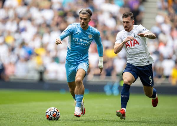 LONDON, ENGLAND - Sunday, August 15, 2021: Manchester City's Jack Grealish (L) is chased by Tottenham Hotspur's Pierre-Emile Højbjerg during the FA Premier League match between Tottenham Hotspur FC and Manchester City FC at the Tottenham Hotspur Stadium. (Pic by David Rawcliffe/Propaganda)