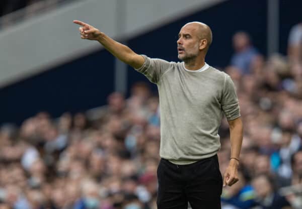 LONDON, ENGLAND - Sunday, August 15, 2021: Manchester City's manager Josep 'Pep' Guardiola during the FA Premier League match between Tottenham Hotspur FC and Manchester City FC at the Tottenham Hotspur Stadium. (Pic by David Rawcliffe/Propaganda)