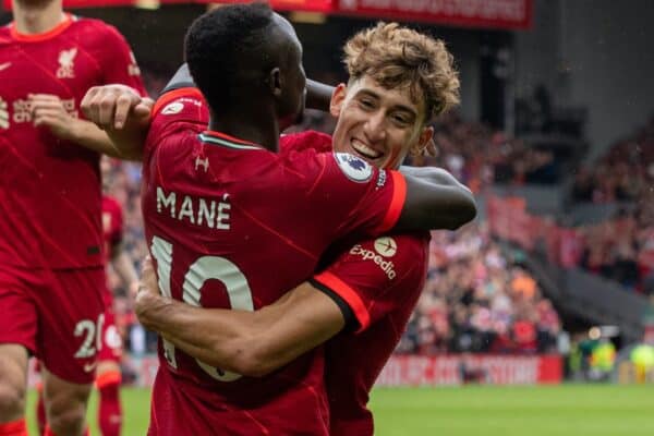 LIVERPOOL, ENGLAND - Saturday, August 21, 2021: Liverpool's Sadio Mané (#10) celebrates with team-mates Mohamed Salah (L), Diogo Jota (C) and Kostas Tsimikas (R) after scoring the second goal during the FA Premier League match between Liverpool FC and Burnley FC at Anfield. (Pic by David Rawcliffe/Propaganda)