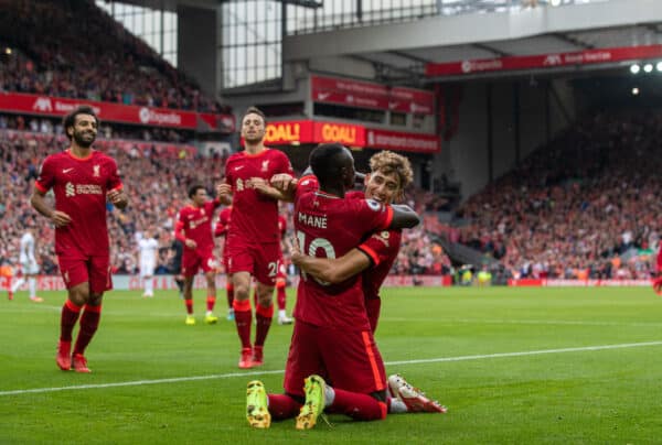 LIVERPOOL, ENGLAND - Saturday, August 21, 2021: Liverpool's Sadio Mané (#10) celebrates with team-mates Mohamed Salah (L), Diogo Jota (C) and Kostas Tsimikas (R) after scoring the second goal during the FA Premier League match between Liverpool FC and Burnley FC at Anfield. (Pic by David Rawcliffe/Propaganda)