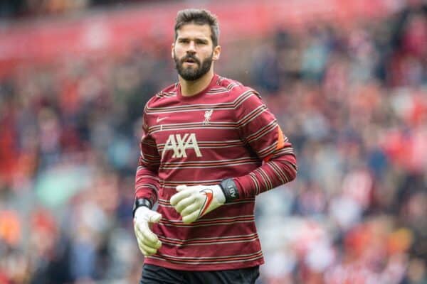 LIVERPOOL, ENGLAND - Saturday, August 21, 2021: Liverpool's goalkeeper Alisson Becker during the pre-match warm-up before the FA Premier League match between Liverpool FC and Burnley FC at Anfield. (Pic by David Rawcliffe/Propaganda)