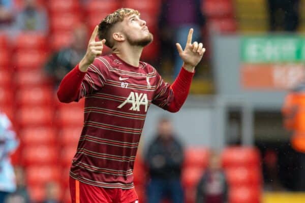 LIVERPOOL, ENGLAND - Saturday, August 21, 2021: Liverpool's Harvey Elliott during the pre-match warm-up before the FA Premier League match between Liverpool FC and Burnley FC at Anfield. (Pic by David Rawcliffe/Propaganda)