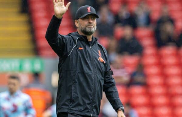 LIVERPOOL, ENGLAND - Saturday, August 21, 2021: Liverpool's manager Jürgen Klopp during the pre-match warm-up before the FA Premier League match between Liverpool FC and Burnley FC at Anfield. (Pic by David Rawcliffe/Propaganda)