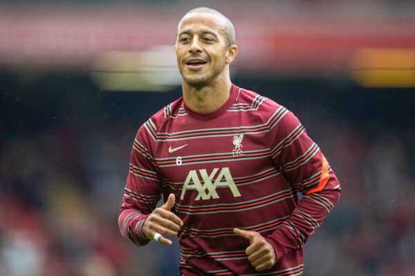 LIVERPOOL, ENGLAND - Saturday, August 21, 2021: Liverpool's Thiago Alcantara during the pre-match warm-up before the FA Premier League match between Liverpool FC and Burnley FC at Anfield. (Pic by David Rawcliffe/Propaganda)