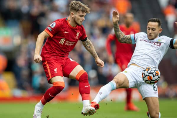 LIVERPOOL, ENGLAND - Saturday, August 21, 2021: Liverpool's Harvey Elliott (L) is challenged by Burnley's Josh Brownhill during the FA Premier League match between Liverpool FC and Burnley FC at Anfield. (Pic by David Rawcliffe/Propaganda)