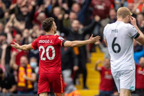 LIVERPOOL, ENGLAND - Saturday, August 21, 2021: Liverpool's Diogo Jota celebrates after scoring the first goal during the FA Premier League match between Liverpool FC and Burnley FC at Anfield. (Pic by David Rawcliffe/Propaganda)