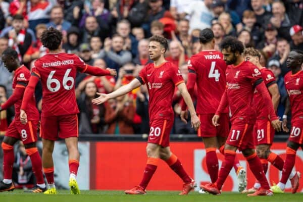 LIVERPOOL, ENGLAND - Saturday, August 21, 2021: Liverpool's Diogo Jota (C) celebrates after scoring the first goal during the FA Premier League match between Liverpool FC and Burnley FC at Anfield. (Pic by David Rawcliffe/Propaganda)