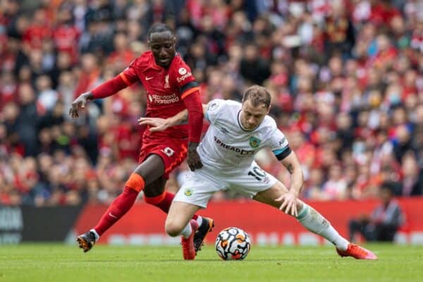 LIVERPOOL, ENGLAND - Saturday, August 21, 2021: Liverpool's Naby Keita (L) and Burnley's Ashley Barnes during the FA Premier League match between Liverpool FC and Burnley FC at Anfield. (Pic by David Rawcliffe/Propaganda)