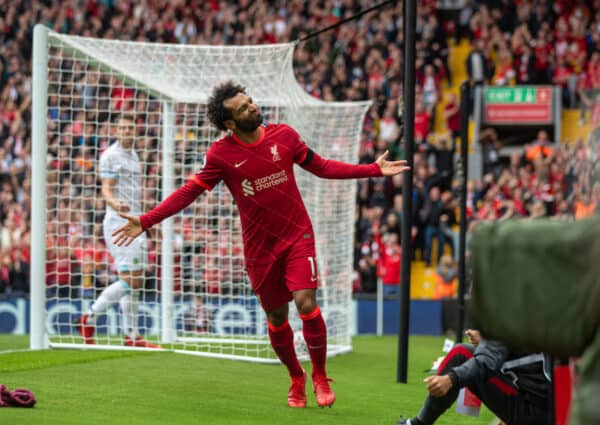 LIVERPOOL, ENGLAND - Saturday, August 21, 2021: Liverpool's Mohamed Salah celebrates a second goal, but it was disallowed following a VAR review, during the FA Premier League match between Liverpool FC and Burnley FC at Anfield. (Pic by David Rawcliffe/Propaganda)