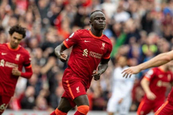 LIVERPOOL, ENGLAND - Saturday, August 21, 2021: Liverpool's Sadio Mané celebrates after scoring the second goal during the FA Premier League match between Liverpool FC and Burnley FC at Anfield. (Pic by David Rawcliffe/Propaganda)