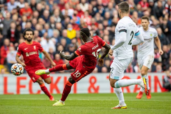 LIVERPOOL, ENGLAND - Saturday, August 21, 2021: Liverpool's Sadio Mané scores the second goal during the FA Premier League match between Liverpool FC and Burnley FC at Anfield. (Pic by David Rawcliffe/Propaganda)