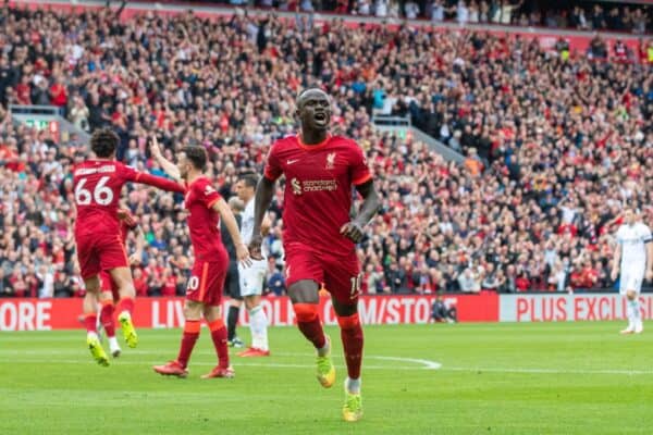 LIVERPOOL, ENGLAND - Saturday, August 21, 2021: Liverpool's Sadio Mané celebrates after scoring the second goal during the FA Premier League match between Liverpool FC and Burnley FC at Anfield. (Pic by David Rawcliffe/Propaganda)