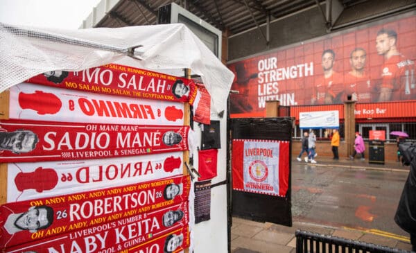 LIVERPOOL, ENGLAND - Saturday, August 21, 2021: Liverpool scarves on sale outside the ground before the FA Premier League match between Liverpool FC and Burnley FC at Anfield. (Pic by David Rawcliffe/Propaganda)